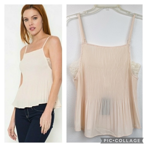 NWT Esley lace chiffon knife accordion pleated spaghetti strap camisole top - Picture 1 of 11